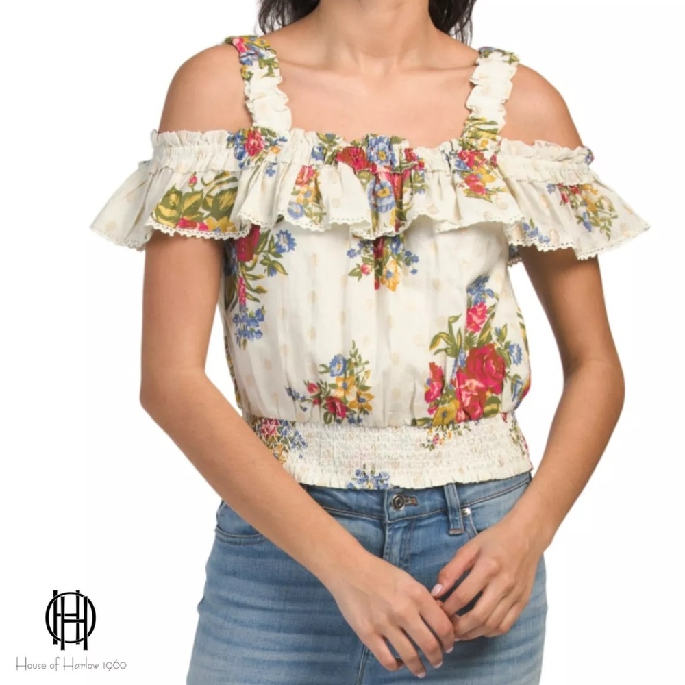 House Of Harlow 1960 Helena Ivory Floral Print Off Shoulder Ruffle Blouse M